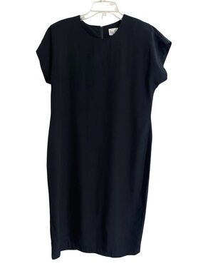 Vintage Black Shift Midi Dress 14P Boxy Lagenlook Minimalist Career Office Work